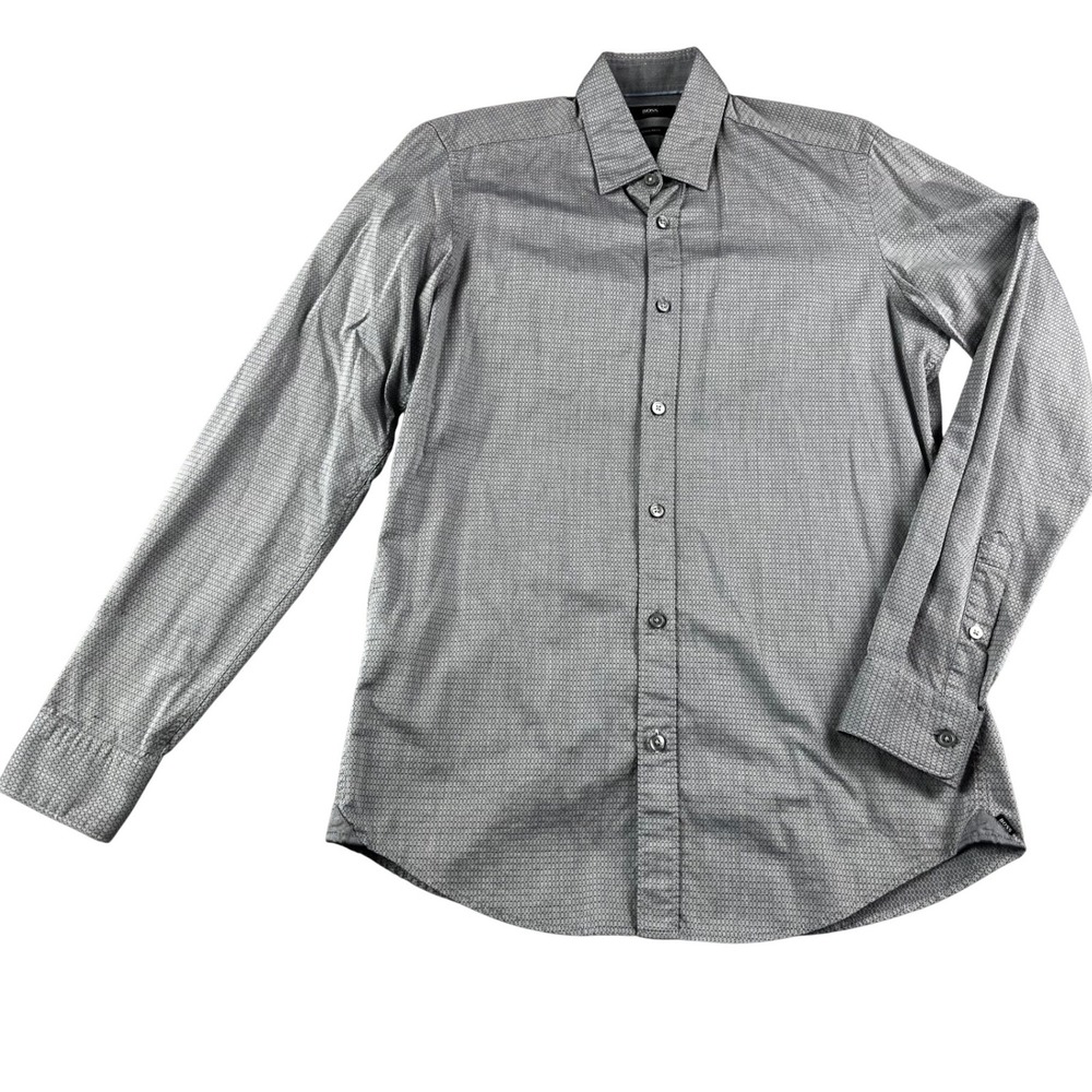 Hugo Boss Mens Small Regular Fit Grey Micro Geometric Cotton Button Down Shirt